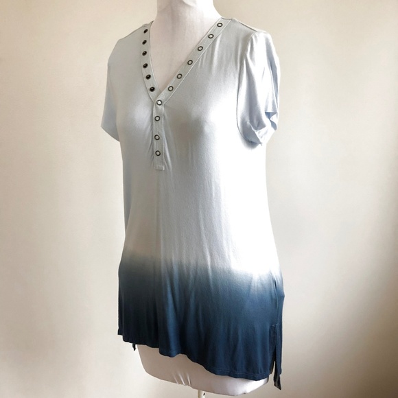 Blue Ombre Short Sleeve Tunic Top Open Back SP - Picture 4 of 5